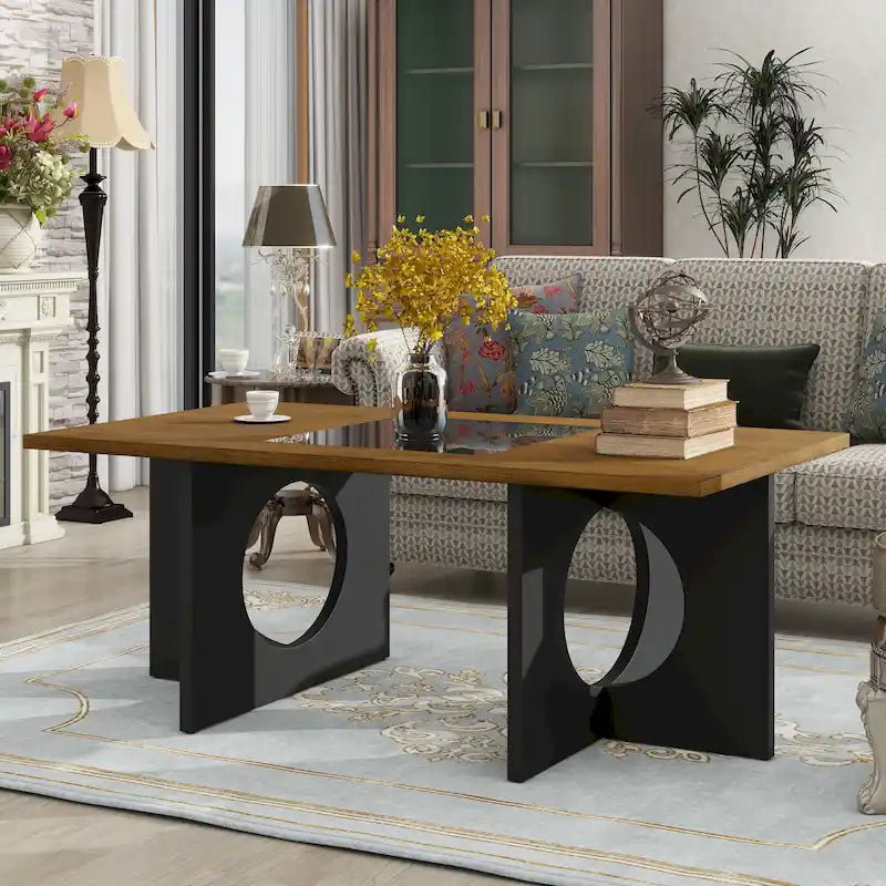 47 Moderner rechteckiger Couchtisch aus Holz mit klarer Tischplatte aus gehärtetem Glas, schwarze und helle Espressobraun-Oberfläche