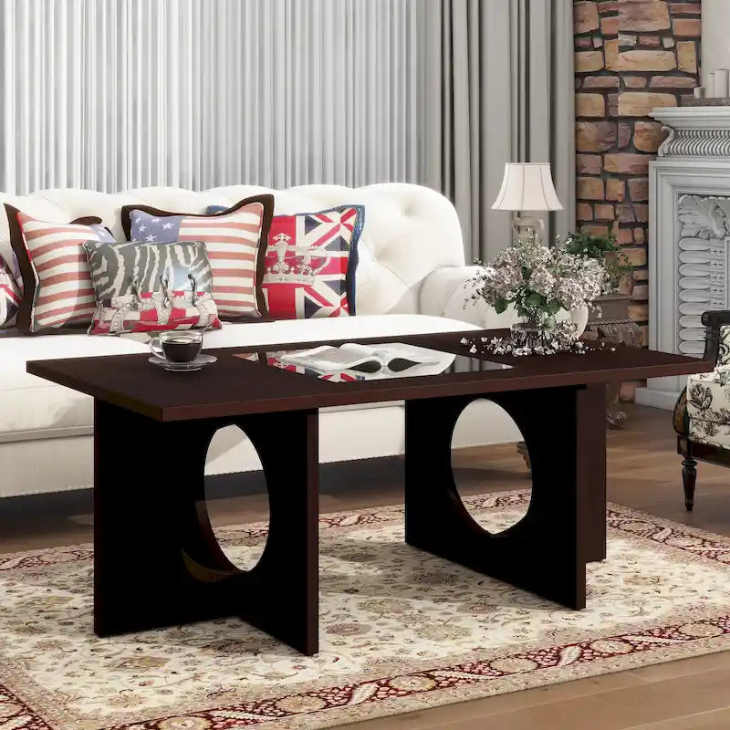 47 Moderner rechteckiger Couchtisch aus Holz mit klarer Tischplatte aus gehärtetem Glas, schwarze und helle Espressobraun-Oberfläche