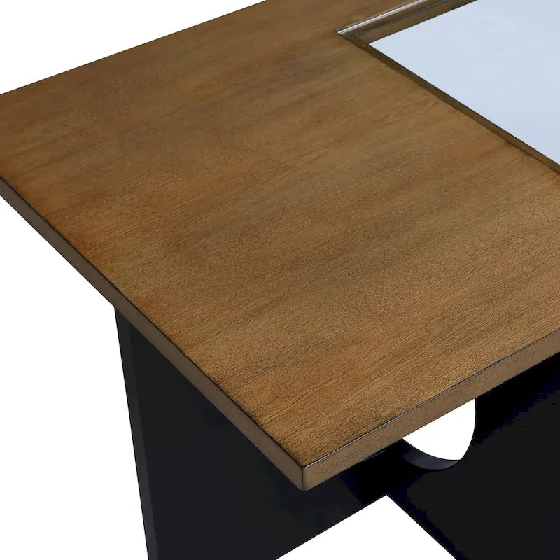 47 Moderner rechteckiger Couchtisch aus Holz mit klarer Tischplatte aus gehärtetem Glas, schwarze und helle Espressobraun-Oberfläche