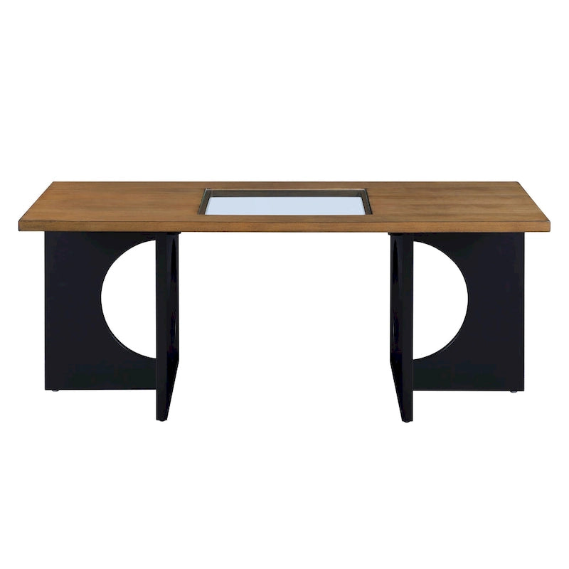 47 Moderner rechteckiger Couchtisch aus Holz mit klarer Tischplatte aus gehärtetem Glas, schwarze und helle Espressobraun-Oberfläche