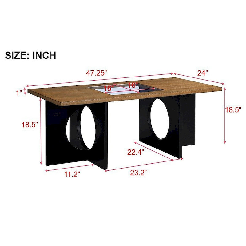 47 Moderner rechteckiger Couchtisch aus Holz mit klarer Tischplatte aus gehärtetem Glas, schwarze und helle Espressobraun-Oberfläche