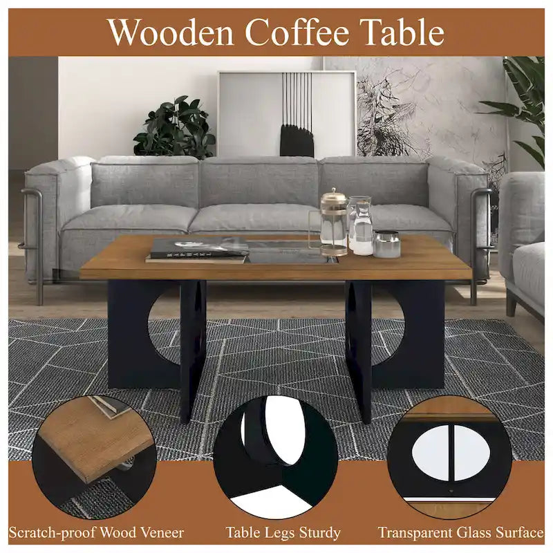 47 Moderner rechteckiger Couchtisch aus Holz mit klarer Tischplatte aus gehärtetem Glas, schwarze und helle Espressobraun-Oberfläche