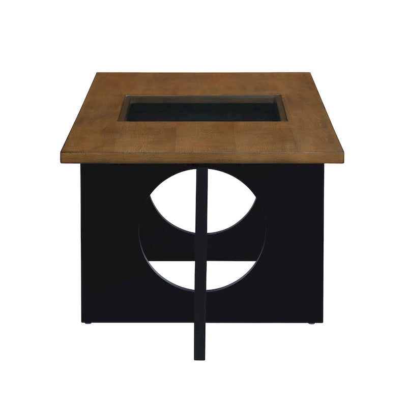 47 Moderner rechteckiger Couchtisch aus Holz mit klarer Tischplatte aus gehärtetem Glas, schwarze und helle Espressobraun-Oberfläche