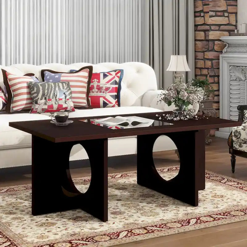 47 Moderner rechteckiger Couchtisch aus Holz mit klarer Tischplatte aus gehärtetem Glas, schwarze und helle Espressobraun-Oberfläche