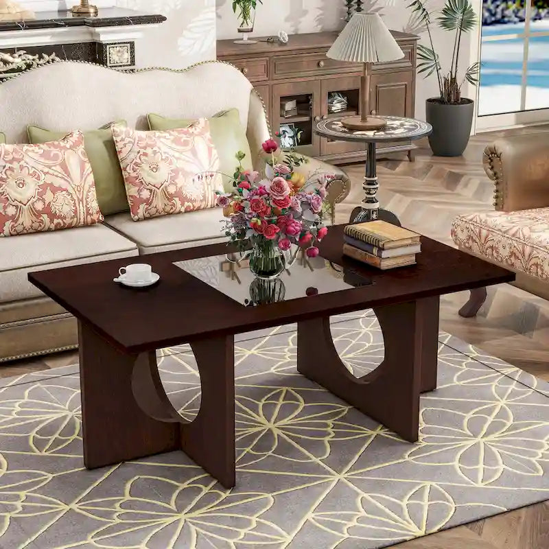 47 Moderner rechteckiger Couchtisch aus Holz mit klarer Tischplatte aus gehärtetem Glas, schwarze und helle Espressobraun-Oberfläche