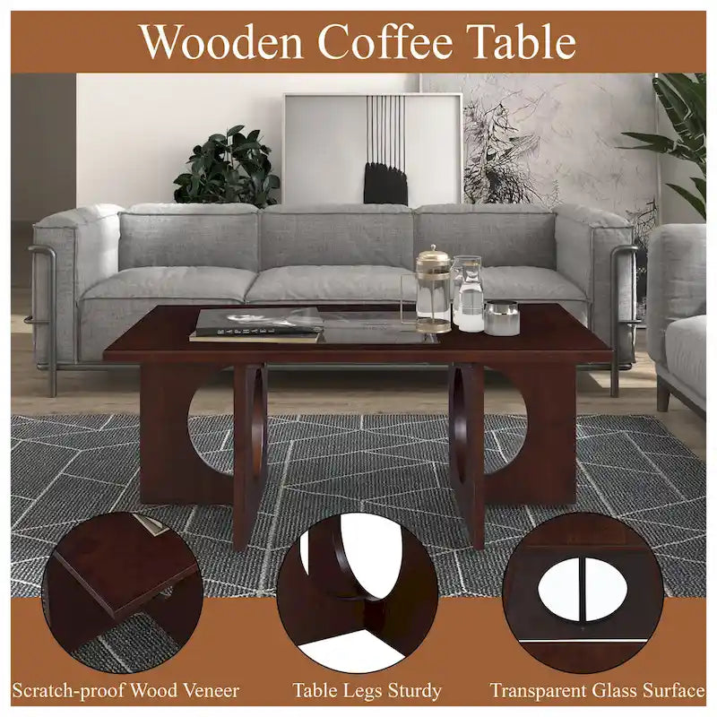 47 Moderner rechteckiger Couchtisch aus Holz mit klarer Tischplatte aus gehärtetem Glas, schwarze und helle Espressobraun-Oberfläche