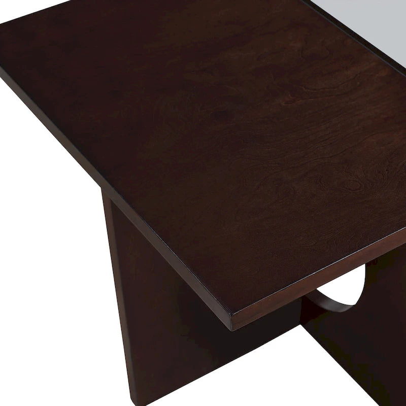 47 Moderner rechteckiger Couchtisch aus Holz mit klarer Tischplatte aus gehärtetem Glas, schwarze und helle Espressobraun-Oberfläche