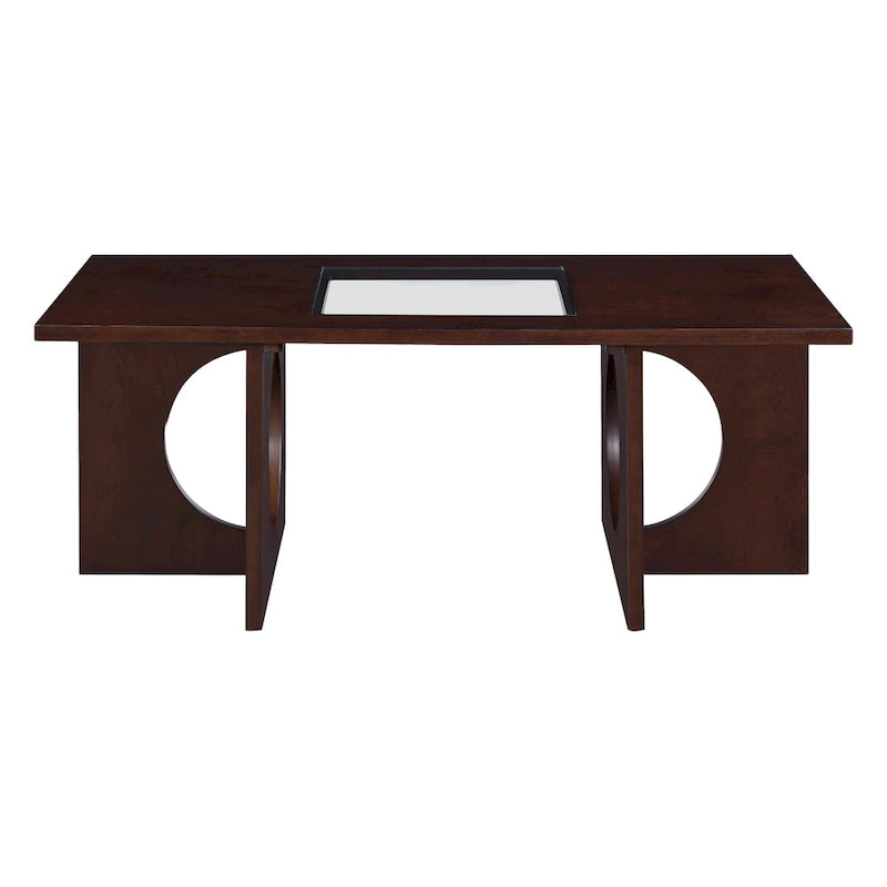 47 Moderner rechteckiger Couchtisch aus Holz mit klarer Tischplatte aus gehärtetem Glas, schwarze und helle Espressobraun-Oberfläche