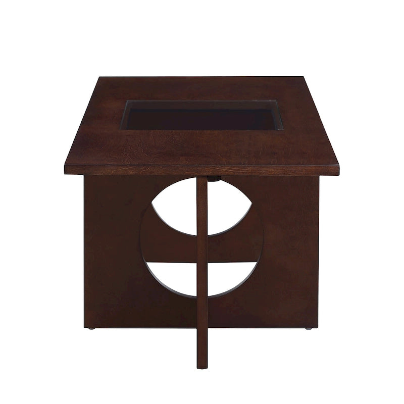 47 Moderner rechteckiger Couchtisch aus Holz mit klarer Tischplatte aus gehärtetem Glas, schwarze und helle Espressobraun-Oberfläche