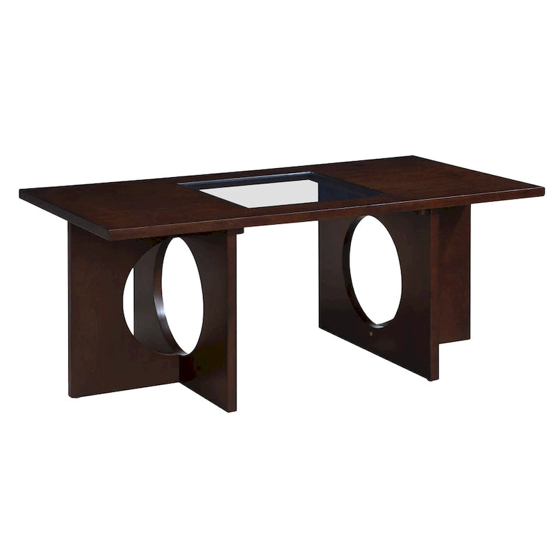 47 Moderner rechteckiger Couchtisch aus Holz mit klarer Tischplatte aus gehärtetem Glas, schwarze und helle Espressobraun-Oberfläche