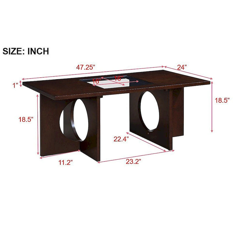 47 Moderner rechteckiger Couchtisch aus Holz mit klarer Tischplatte aus gehärtetem Glas, schwarze und helle Espressobraun-Oberfläche