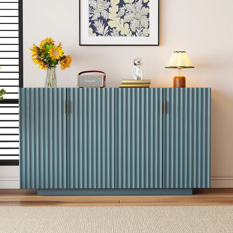 Buffetschrank mit 4 geriffelten Türen, Sideboard mit Stauraum, Holzschrank mit verstellbaren Einlegeböden