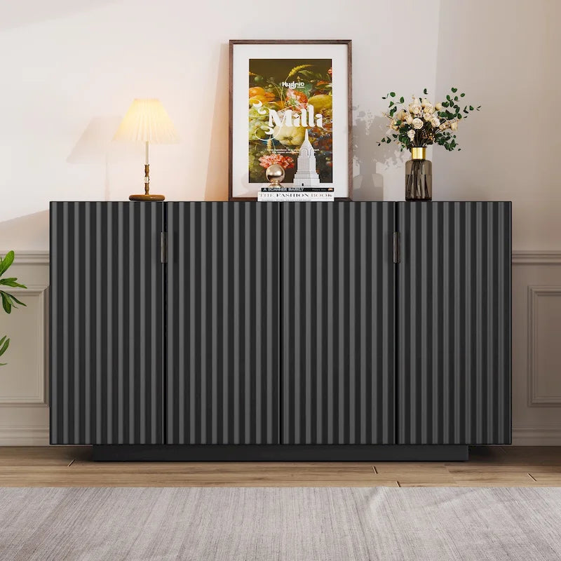 Buffetschrank mit 4 geriffelten Türen, Sideboard mit Stauraum, Holzschrank mit verstellbaren Einlegeböden