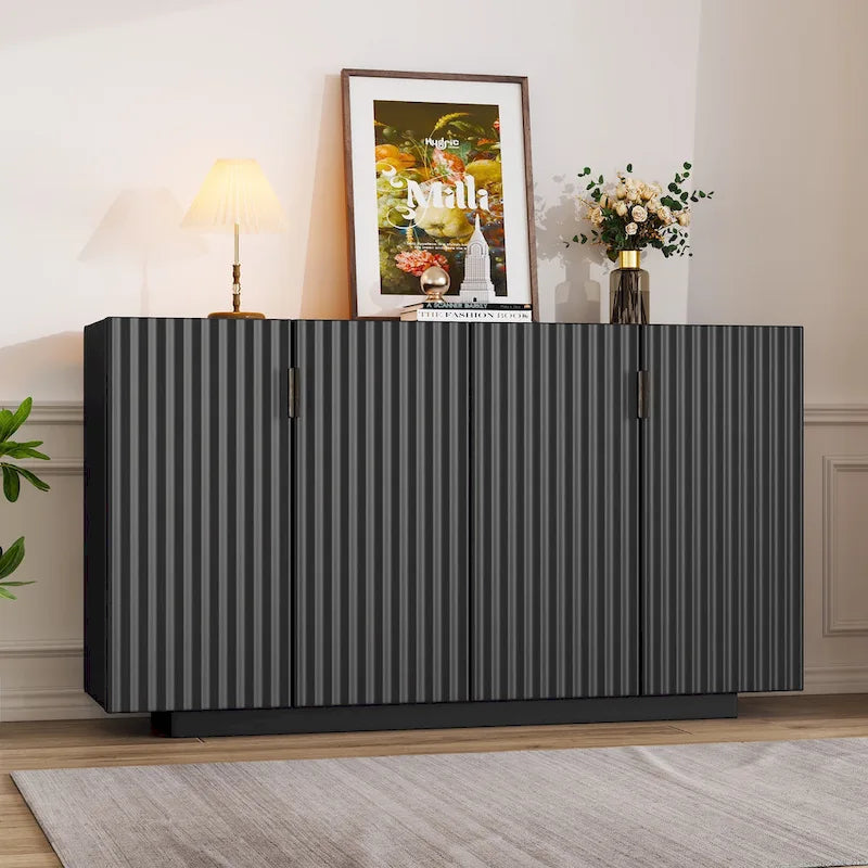 Buffetschrank mit 4 geriffelten Türen, Sideboard mit Stauraum, Holzschrank mit verstellbaren Einlegeböden