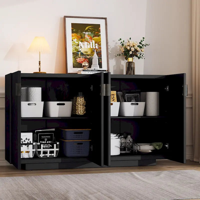 Buffetschrank mit 4 geriffelten Türen, Sideboard mit Stauraum, Holzschrank mit verstellbaren Einlegeböden