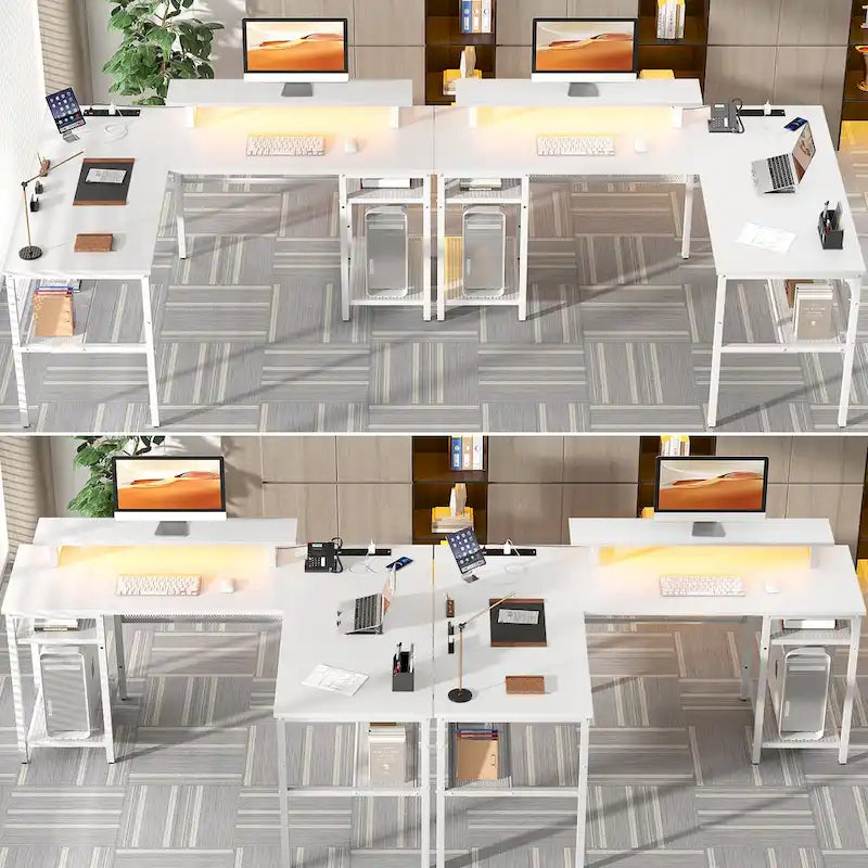 L-förmiger Computertisch mit Steckdosen, RGB-LED-Beleuchtung und Monitorständer