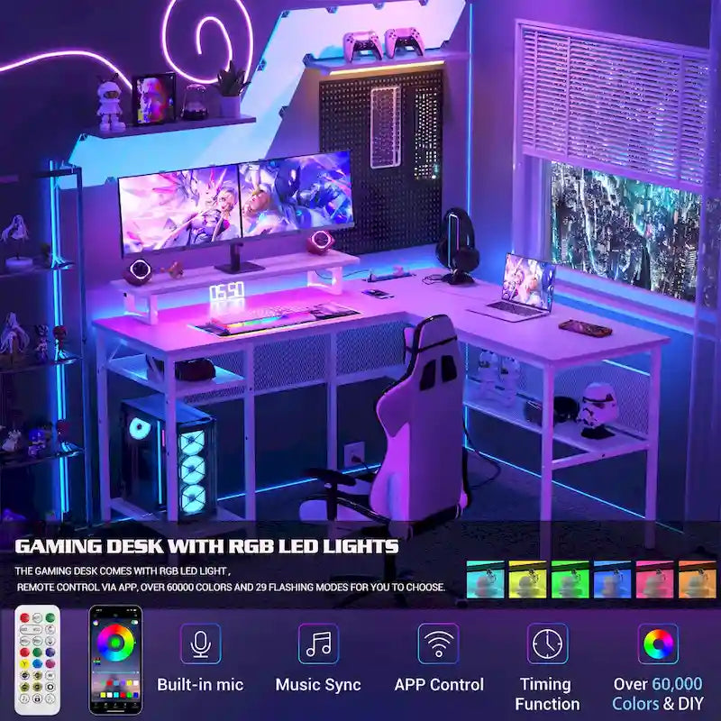 L-förmiger Computertisch mit Steckdosen, RGB-LED-Beleuchtung und Monitorständer
