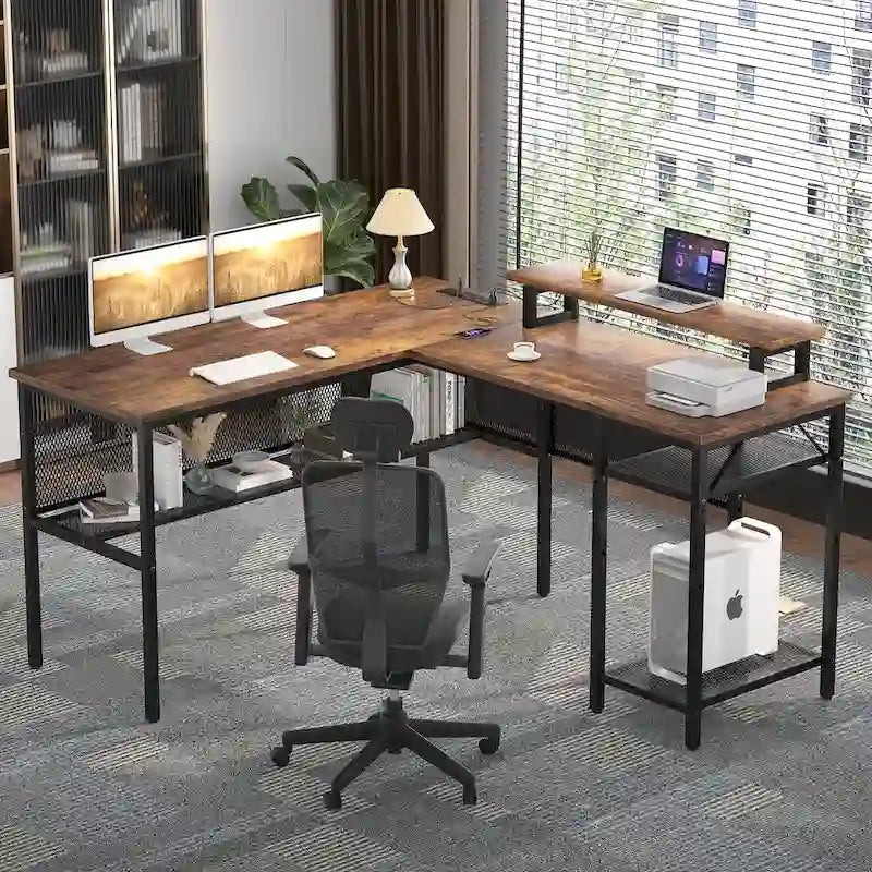 Computer Desk L-shaped Desk with Power Outlets and RGB LED and Monitor Stand