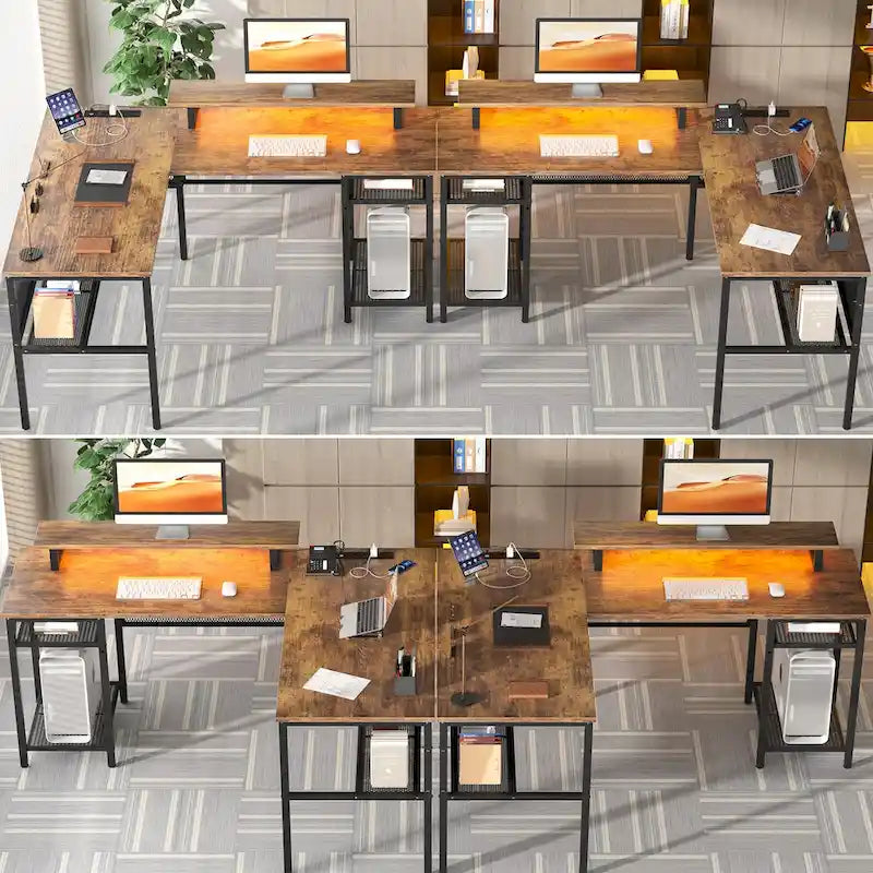 Computer Desk L-shaped Desk with Power Outlets and RGB LED and Monitor Stand