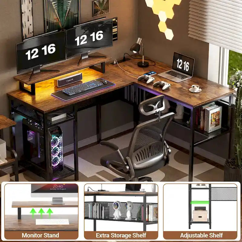 Computer Desk L-shaped Desk with Power Outlets and RGB LED and Monitor Stand