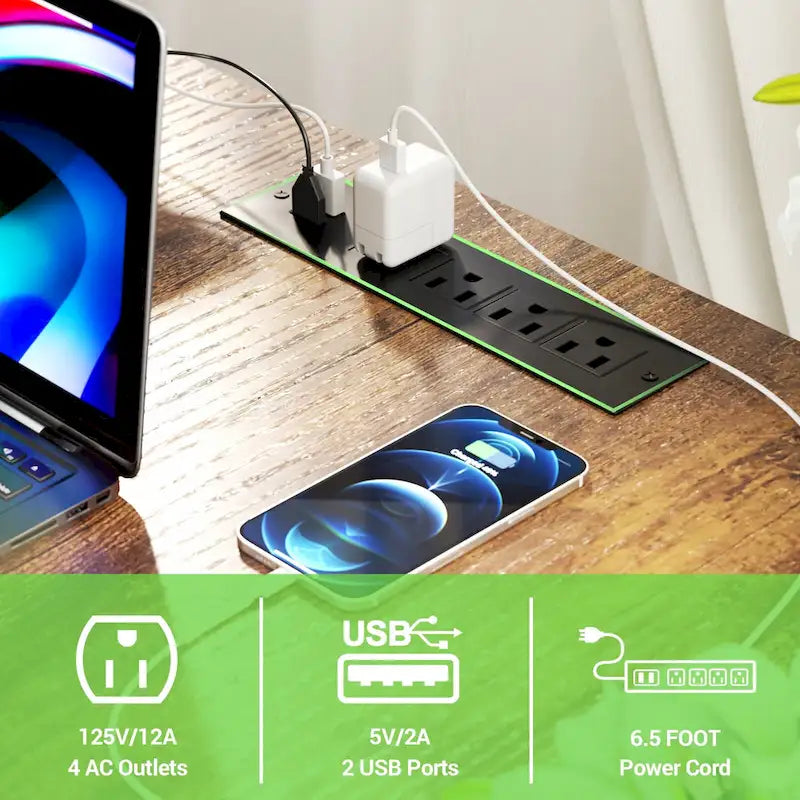 Computer Desk L-shaped Desk with Power Outlets and RGB LED and Monitor Stand