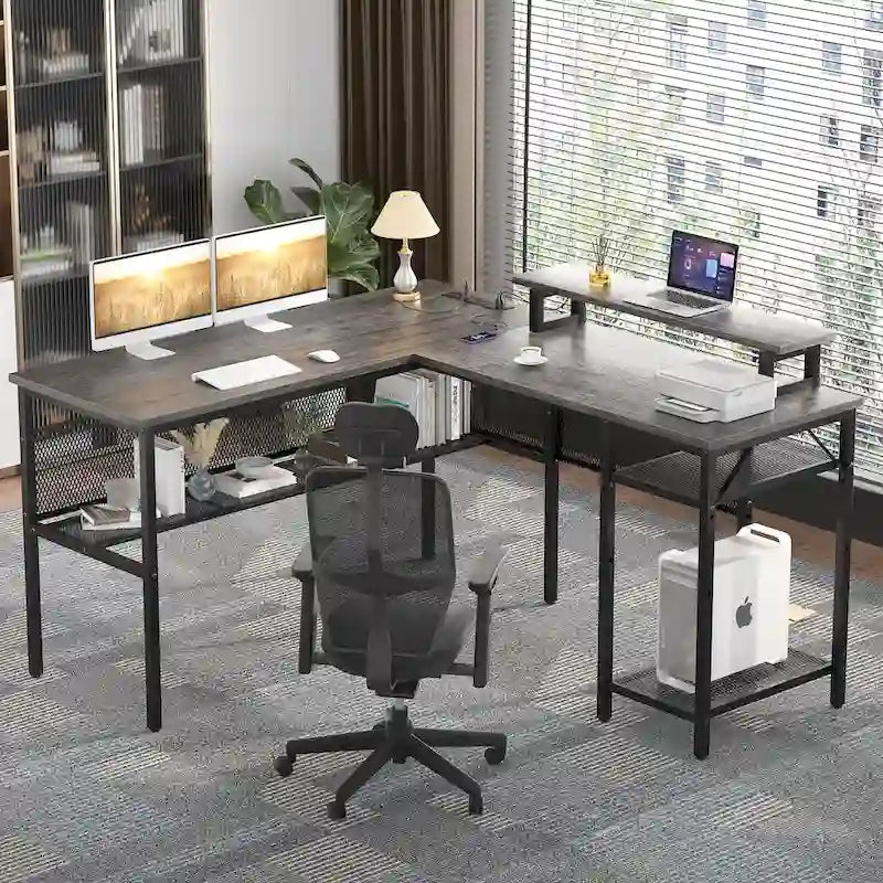 Computer Desk L-shaped Desk with Power Outlets and RGB LED and Monitor Stand