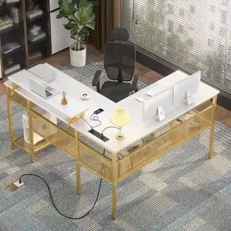 Computer Desk L-shaped Desk with Power Outlets and RGB LED and Monitor Stand