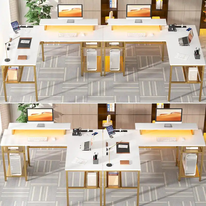 Computer Desk L-shaped Desk with Power Outlets and RGB LED and Monitor Stand