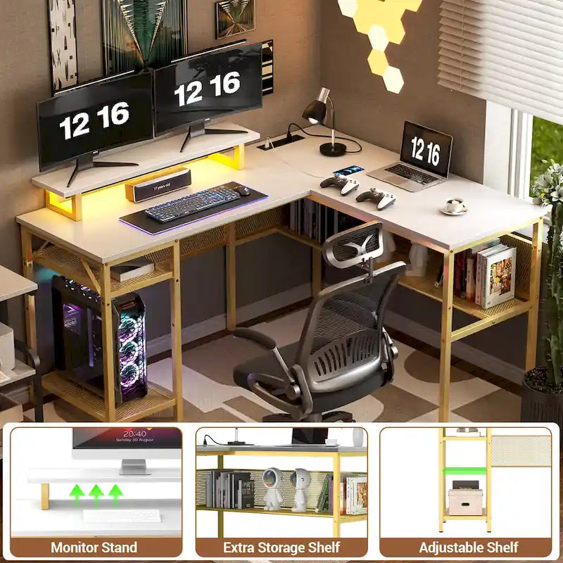 Computer Desk L-shaped Desk with Power Outlets and RGB LED and Monitor Stand