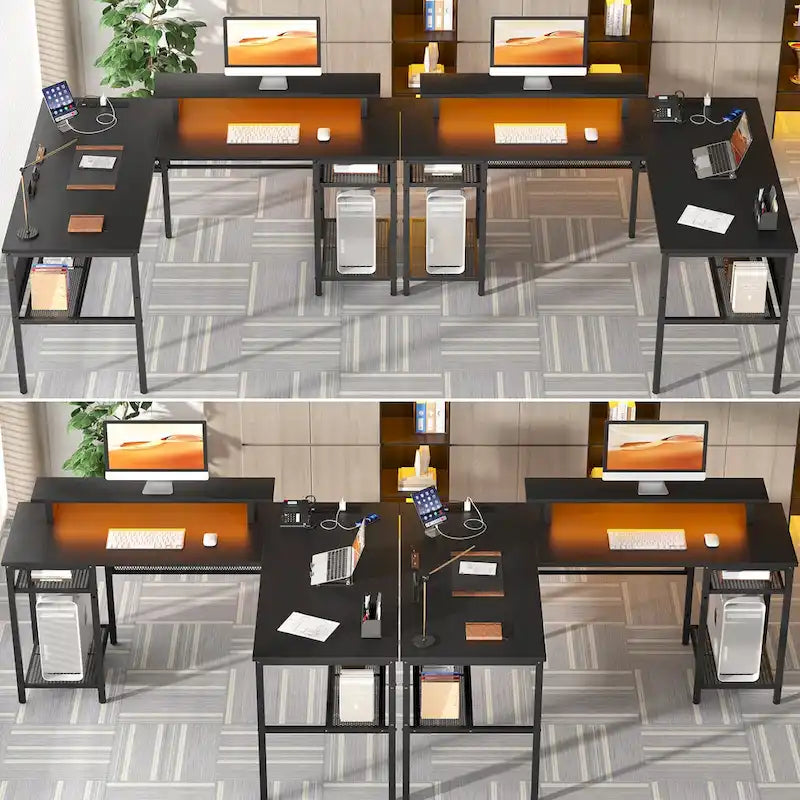 Computer Desk L-shaped Desk with Power Outlets and RGB LED and Monitor Stand