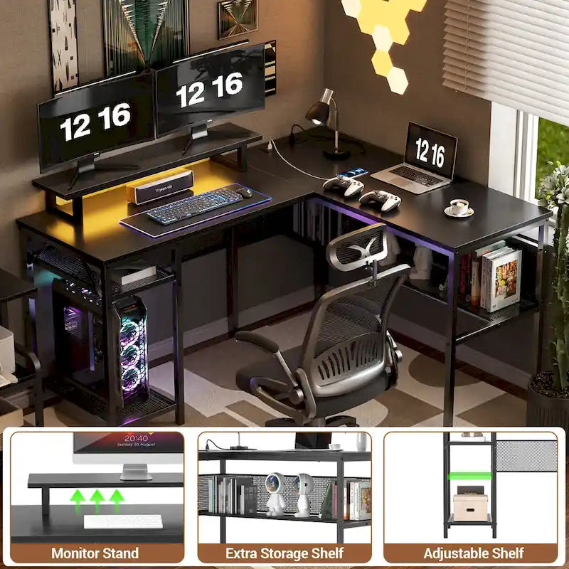 Computer Desk L-shaped Desk with Power Outlets and RGB LED and Monitor Stand