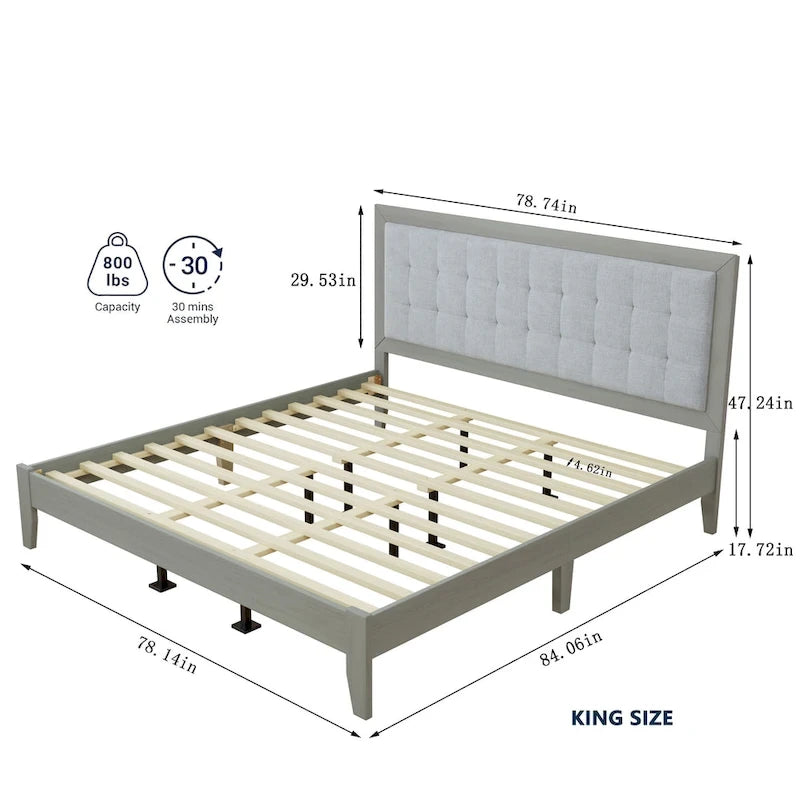 Massivholz-Plattformbett mit gepolstertem Kopfteil, King-Size
