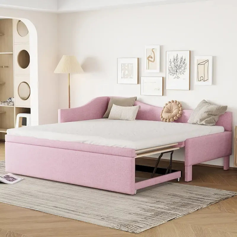 Gepolstertes L-förmiges Tagesbett in Twin-Größe mit ausziehbarem Gästebett, Rosa