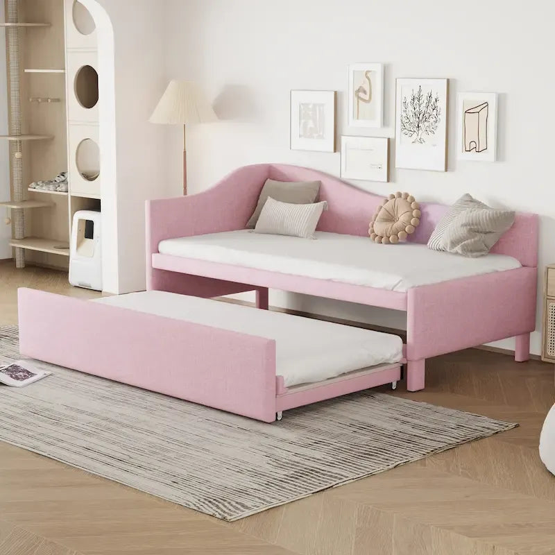 Gepolstertes L-förmiges Tagesbett in Twin-Größe mit ausziehbarem Gästebett, Rosa
