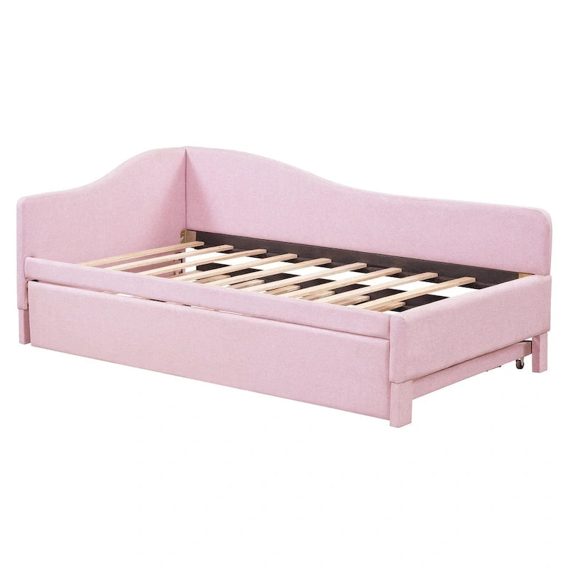 Gepolstertes L-förmiges Tagesbett in Twin-Größe mit ausziehbarem Gästebett, Rosa