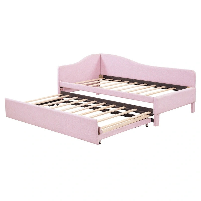 Gepolstertes L-förmiges Tagesbett in Twin-Größe mit ausziehbarem Gästebett, Rosa