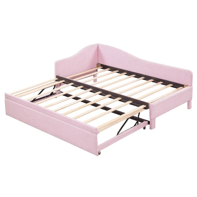 Gepolstertes L-förmiges Tagesbett in Twin-Größe mit ausziehbarem Gästebett, Rosa