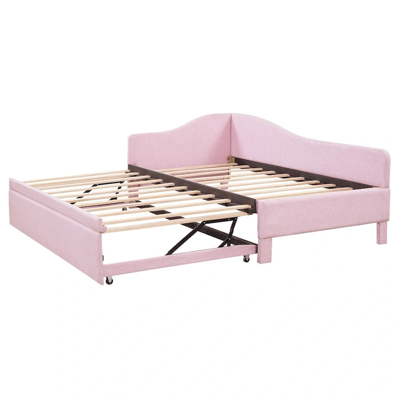 Gepolstertes L-förmiges Tagesbett in Twin-Größe mit ausziehbarem Gästebett, Rosa