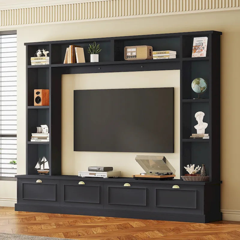 Mueble de pared grande negro de 104.2 con estanterías y armarios para televisores de hasta 78
