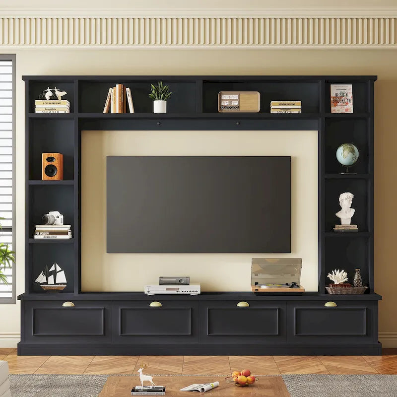 Mueble de pared grande negro de 104.2 con estanterías y armarios para televisores de hasta 78