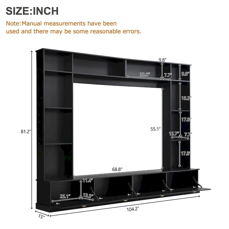 Mueble de pared grande negro de 104.2 con estanterías y armarios para televisores de hasta 78