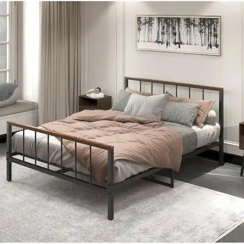 Black Metal Queen Platform Bed Frame with Headboard and Footboard - No Box Spring Required, 660 lbs Capacity