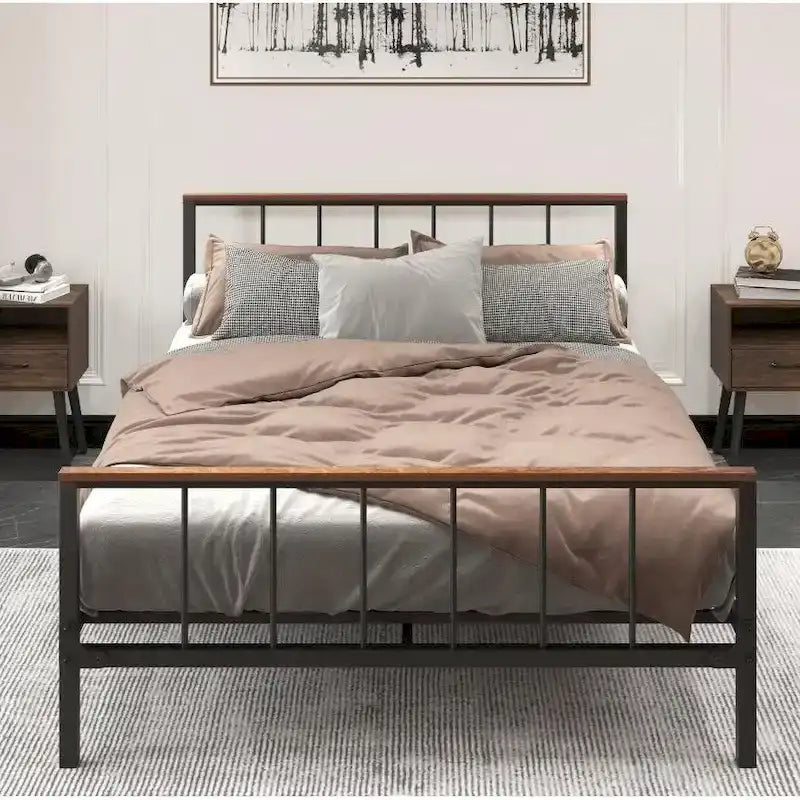 Schwarzes Metall-Plattformbettgestell mit Kopf- und Fußteil - kein Boxspringbett erforderlich, Belastbarkeit 660 lbs