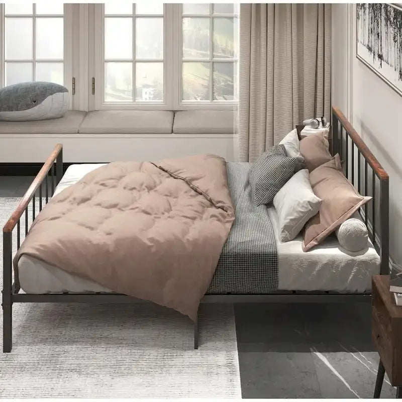 Estructura de cama de plataforma de metal negro con cabecero y piecero - no requiere somier, capacidad de 660 lbs