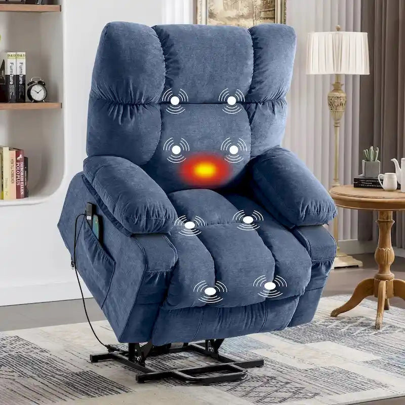 Blauer elektrischer Aufstehsessel mit Heizung, Massage, USB-Ladefunktion, seitlichem Stauraum und Fernbedienung