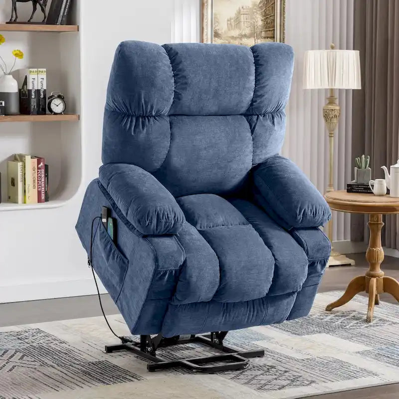 Blue Power Lift Recliner with Heating, Massage, USB Charging, Side Storage, and Remote Control Functionality