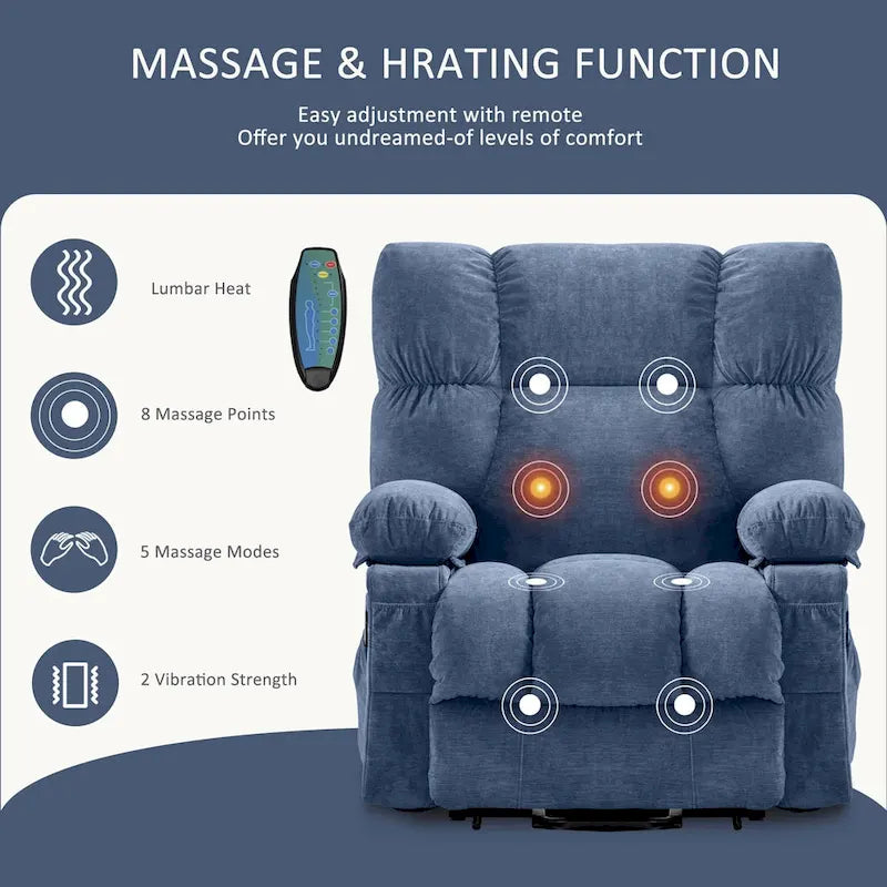 Blue Power Lift Recliner with Heating, Massage, USB Charging, Side Storage, and Remote Control Functionality