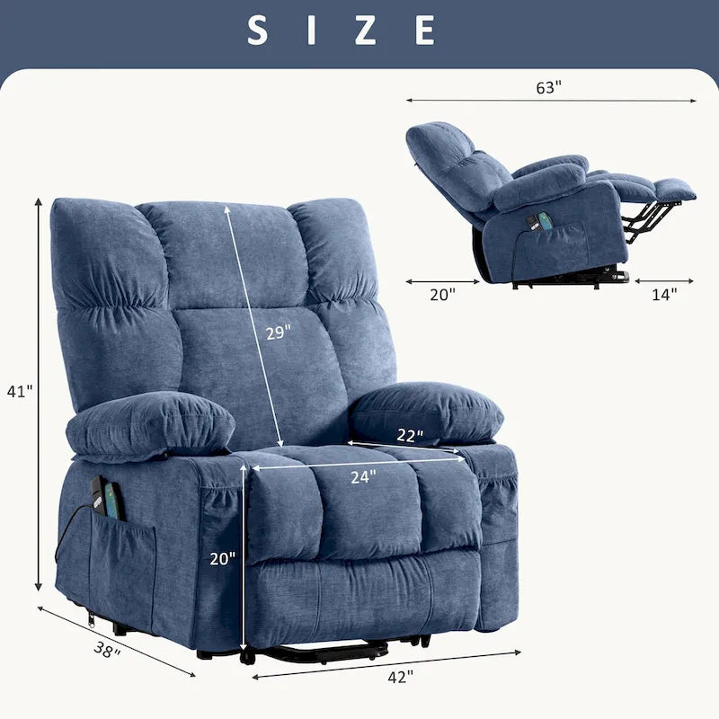 Blue Power Lift Recliner with Heating, Massage, USB Charging, Side Storage, and Remote Control Functionality