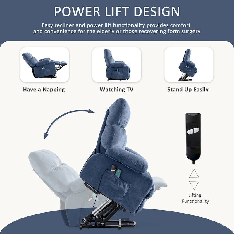 Blue Power Lift Recliner with Heating, Massage, USB Charging, Side Storage, and Remote Control Functionality