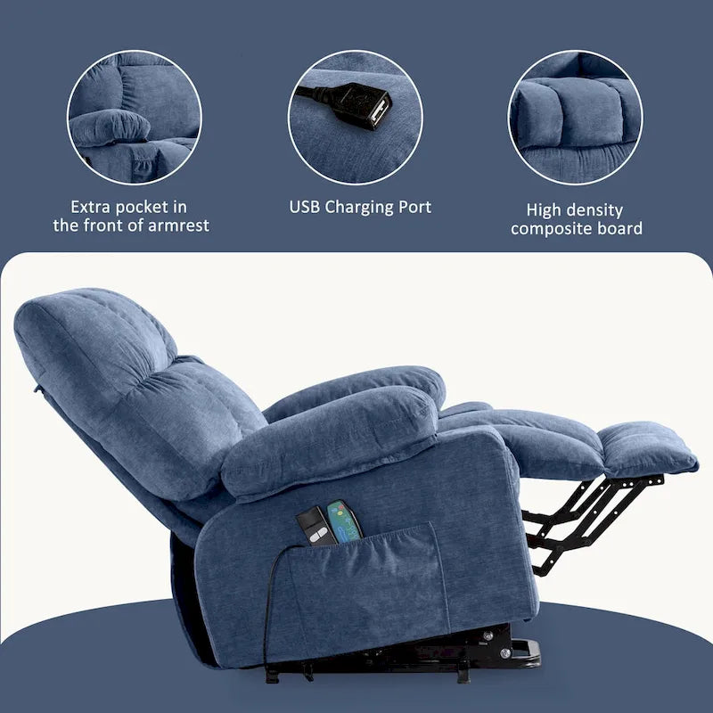 Blue Power Lift Recliner with Heating, Massage, USB Charging, Side Storage, and Remote Control Functionality